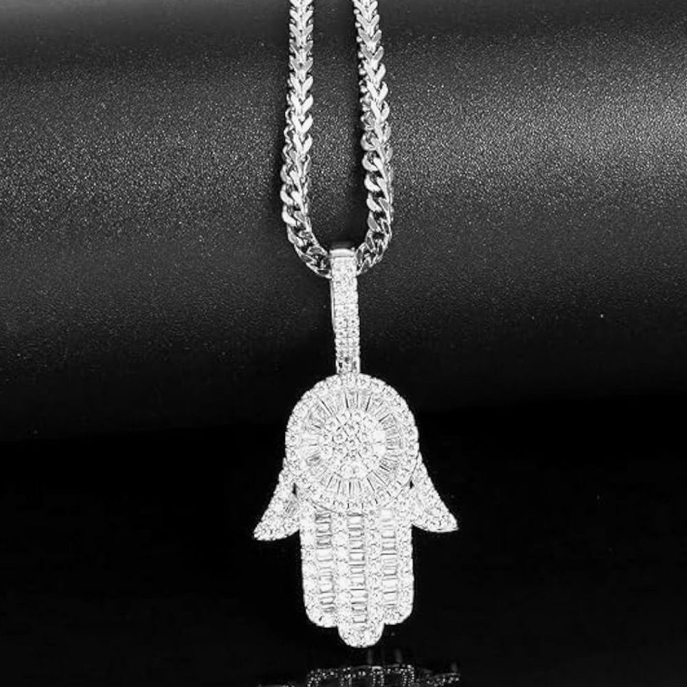 Iced Out Hamsa Hand Pendant + Franco Chain White Gold Steel 24” Hip Hop Necklace